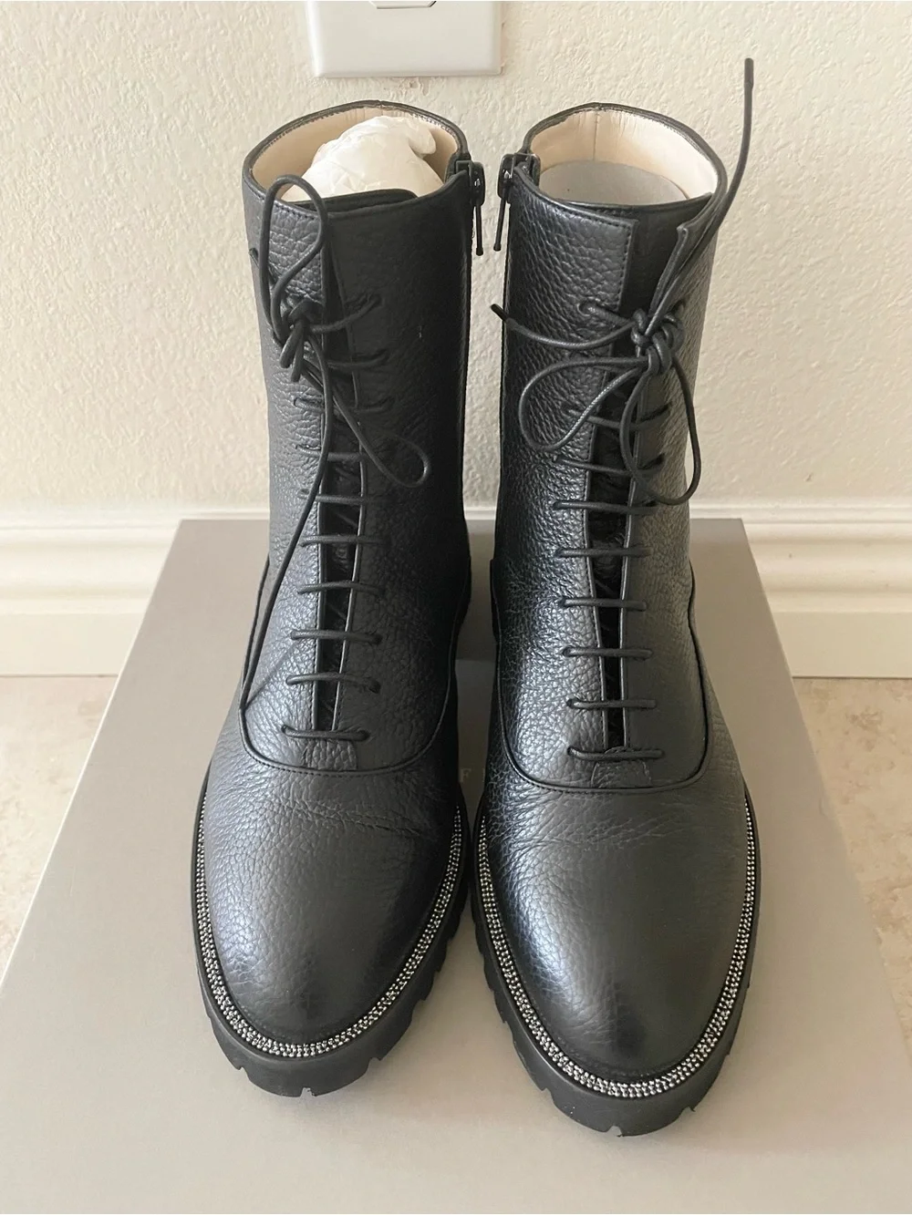 Fabiana Filippi Black Classic lace up embellished leather boots 7